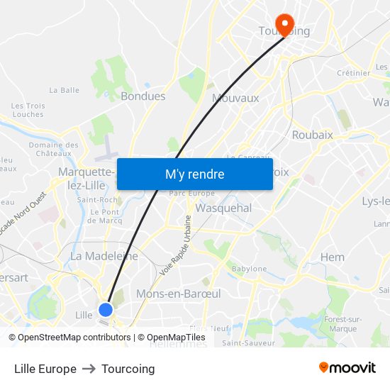 Lille Europe to Tourcoing map