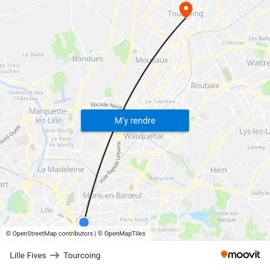 Lille Fives to Tourcoing map