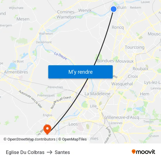 Eglise Du Colbras to Santes map