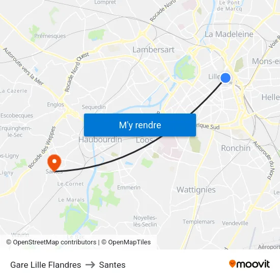 Gare Lille Flandres to Santes map