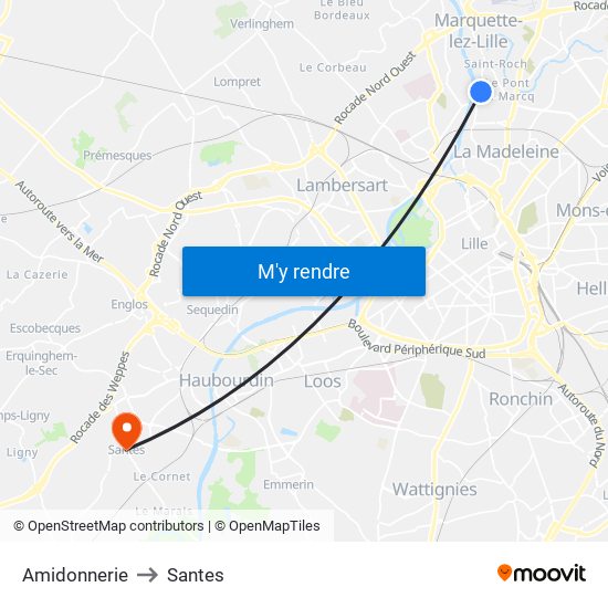 Amidonnerie to Santes map