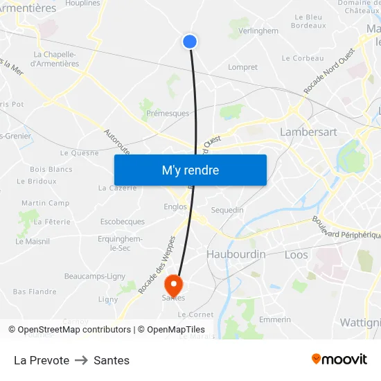 La Prevote to Santes map