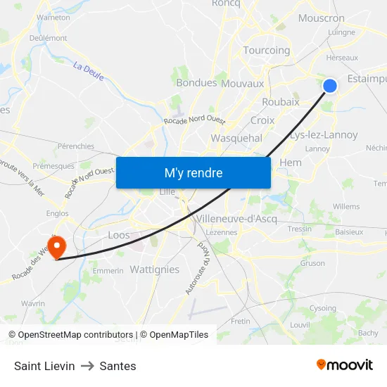 Saint Lievin to Santes map