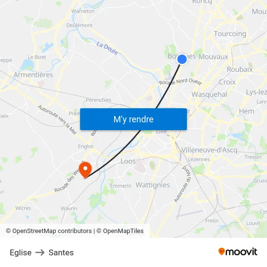 Eglise to Santes map