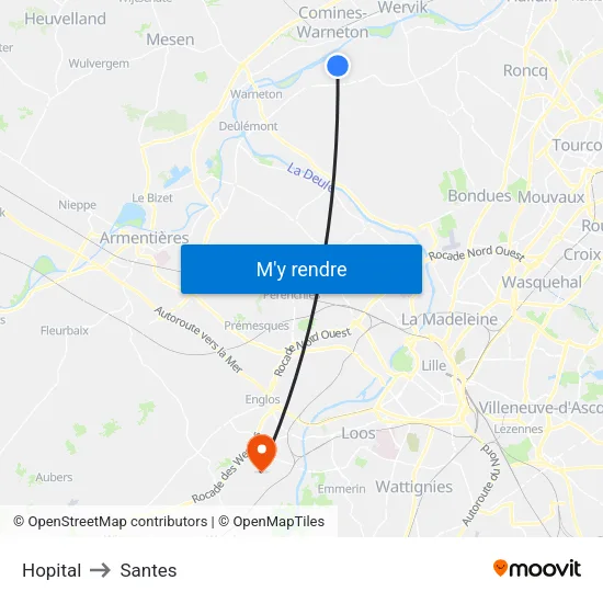 Hopital to Santes map