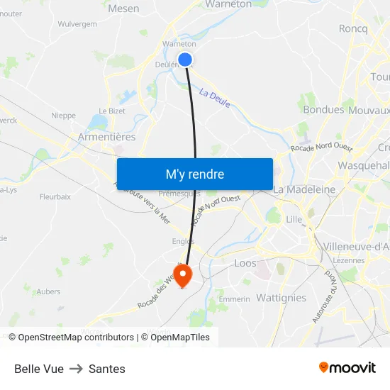 Belle Vue to Santes map