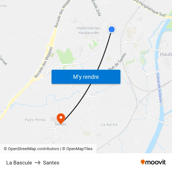 La Bascule to Santes map
