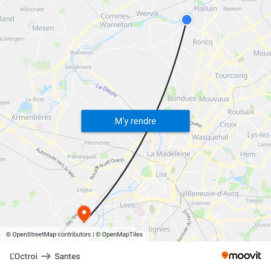 L'Octroi to Santes map