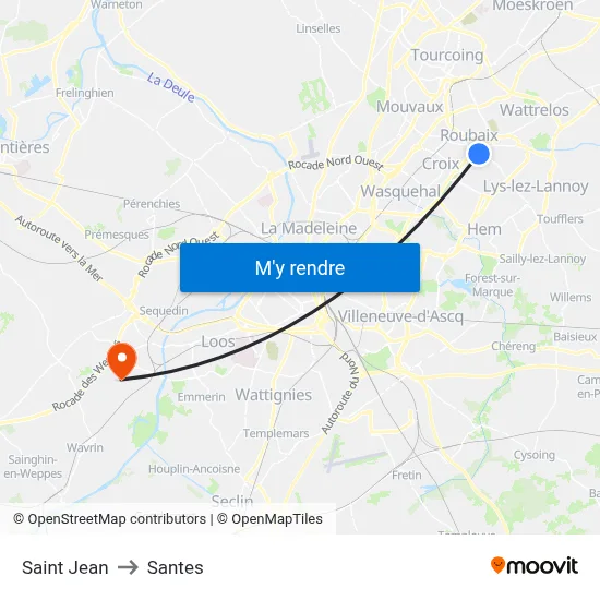 Saint Jean to Santes map