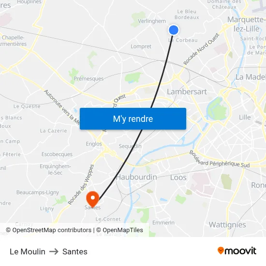 Le Moulin to Santes map
