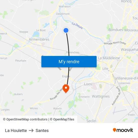 La Houlette to Santes map