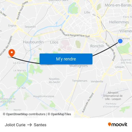 Joliot Curie to Santes map