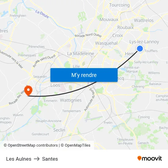 Les Aulnes to Santes map