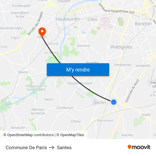 Commune De Paris to Santes map