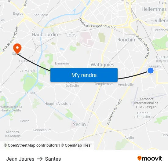 Jean Jaures to Santes map