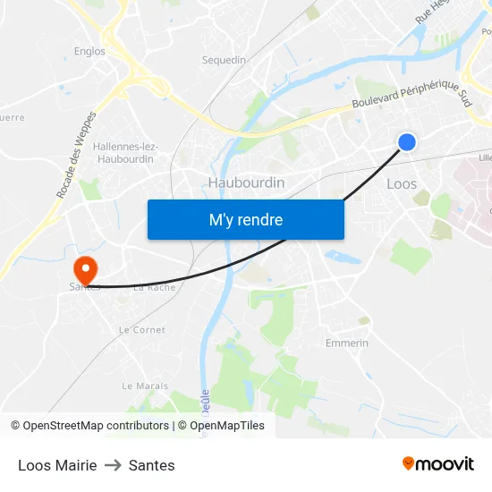 Loos Mairie to Santes map