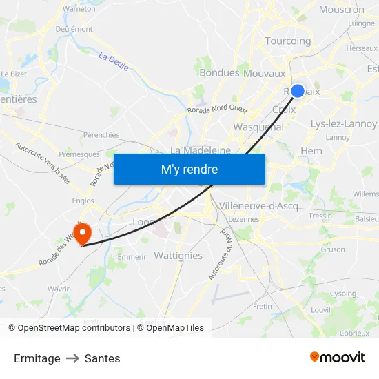 Ermitage to Santes map
