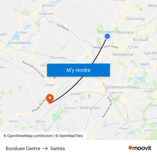 Bondues Centre to Santes map