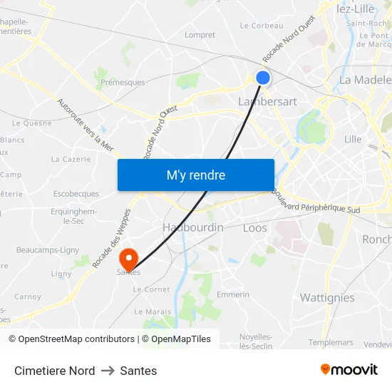 Cimetiere Nord to Santes map