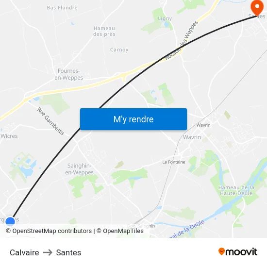 Calvaire to Santes map