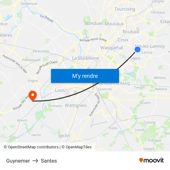 Guynemer to Santes map