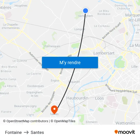 Fontaine to Santes map