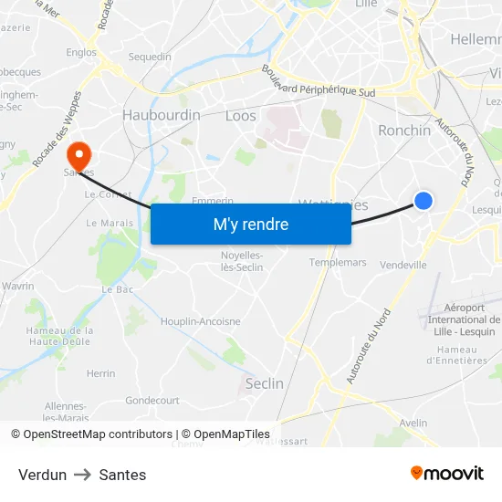 Verdun to Santes map