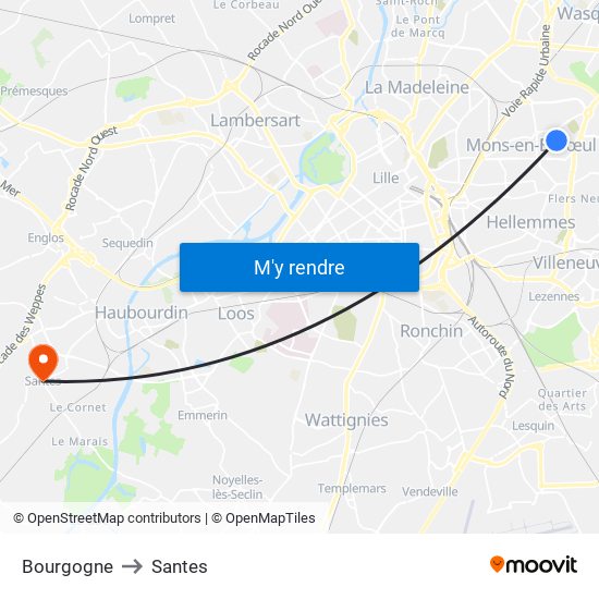 Bourgogne to Santes map