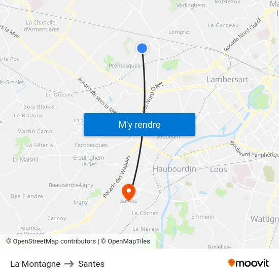 La Montagne to Santes map