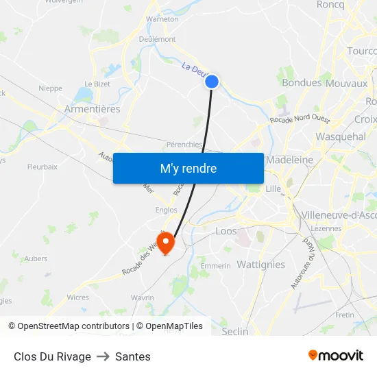 Clos Du Rivage to Santes map