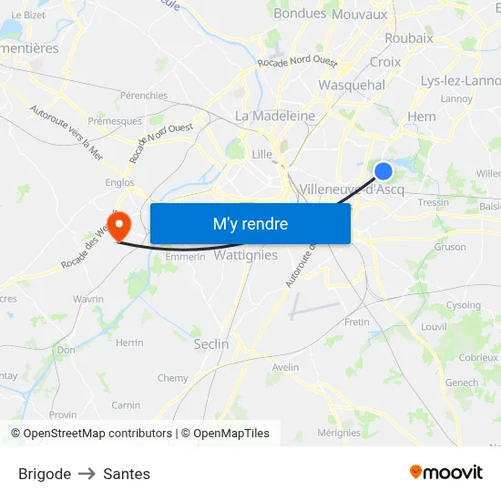 Brigode to Santes map