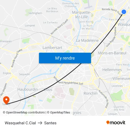 Wasquehal C.Cial to Santes map