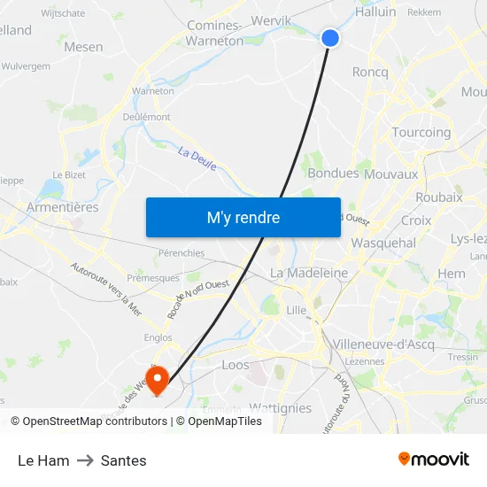 Le Ham to Santes map