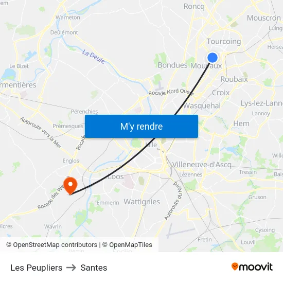 Les Peupliers to Santes map