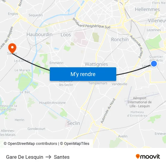 Gare De Lesquin to Santes map