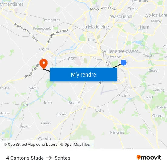 4 Cantons Stade to Santes map