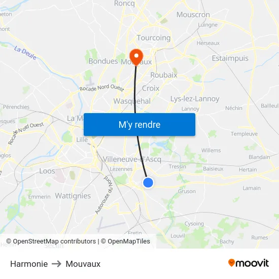 Harmonie to Mouvaux map