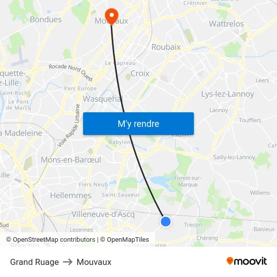 Grand Ruage to Mouvaux map