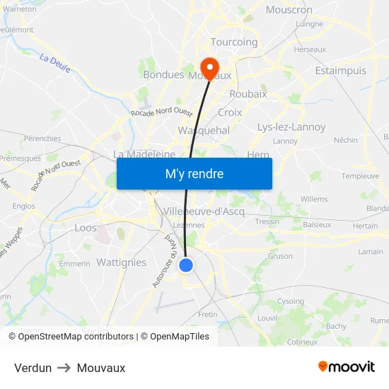 Verdun to Mouvaux map