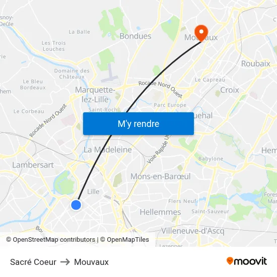 Sacré Coeur to Mouvaux map