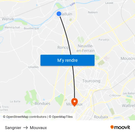 Sangnier to Mouvaux map