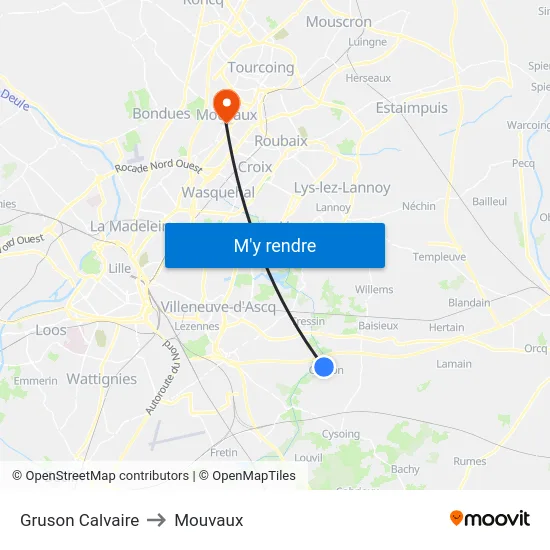 Gruson Calvaire to Mouvaux map