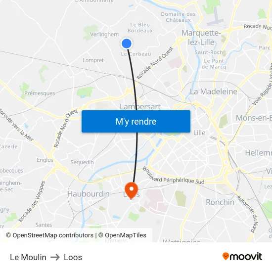 Le Moulin to Loos map