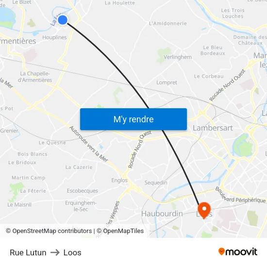 Rue Lutun to Loos map