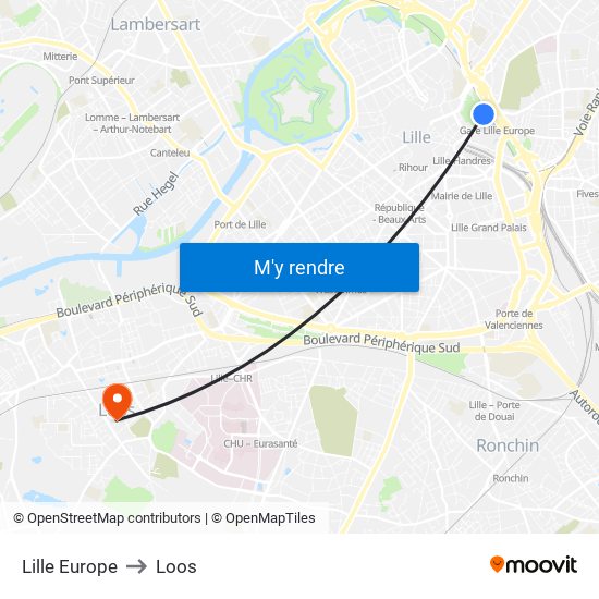 Lille Europe to Loos map