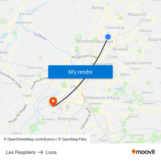 Les Peupliers to Loos map