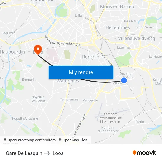 Gare De Lesquin to Loos map