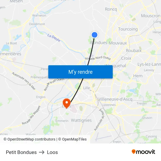 Petit Bondues to Loos map