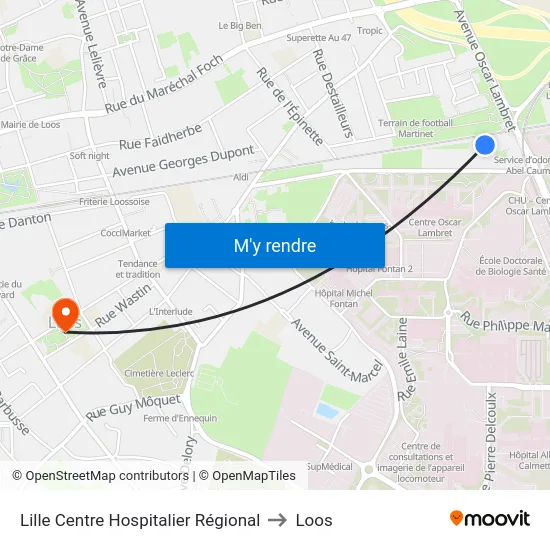 Lille Centre Hospitalier Régional to Loos map