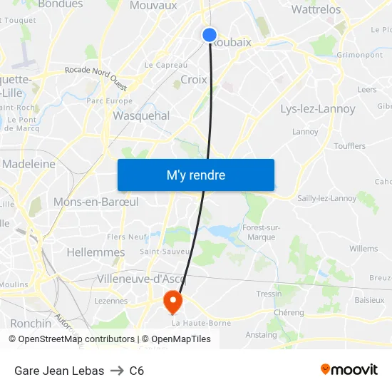 Gare Jean Lebas to C6 map